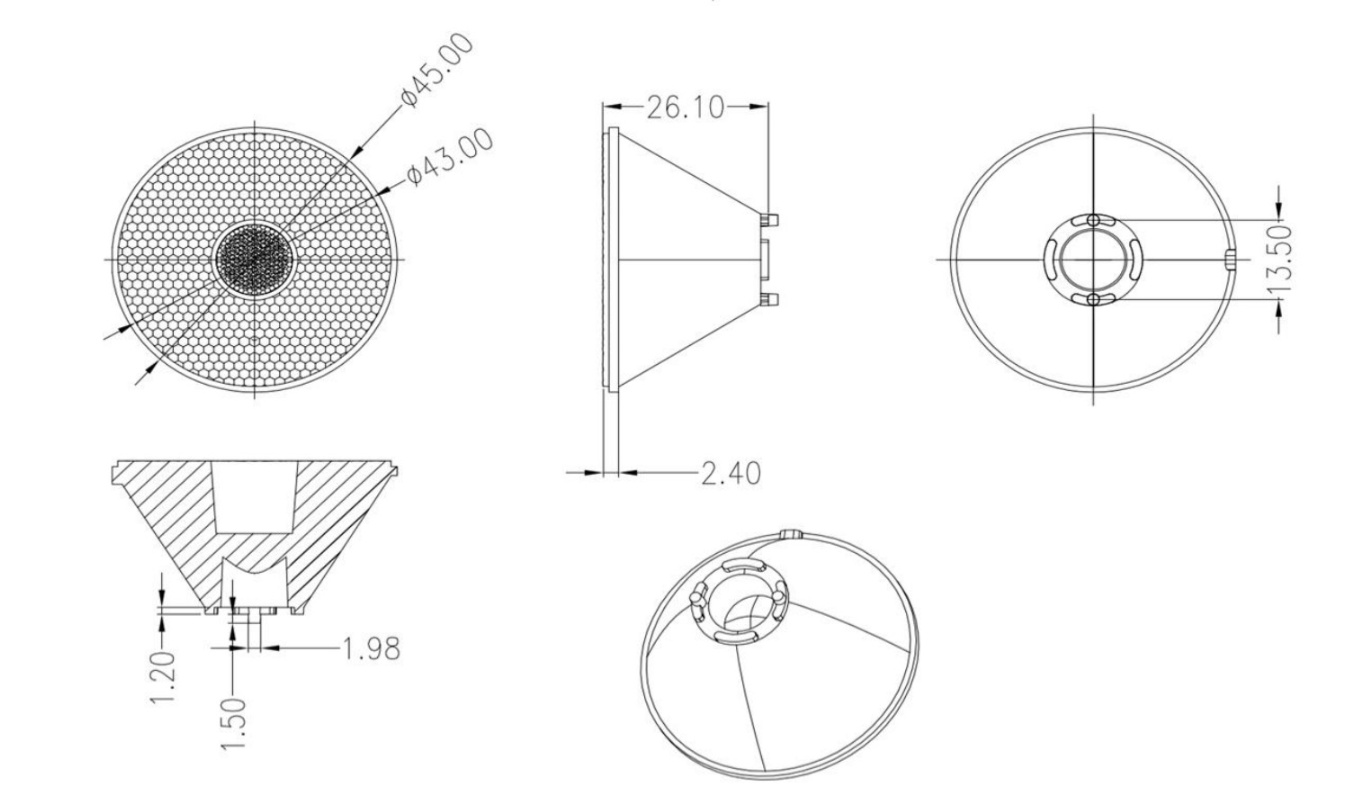 45mm Xml Rgbw Led Lens Oval Beam 15x30 Degree Drawing