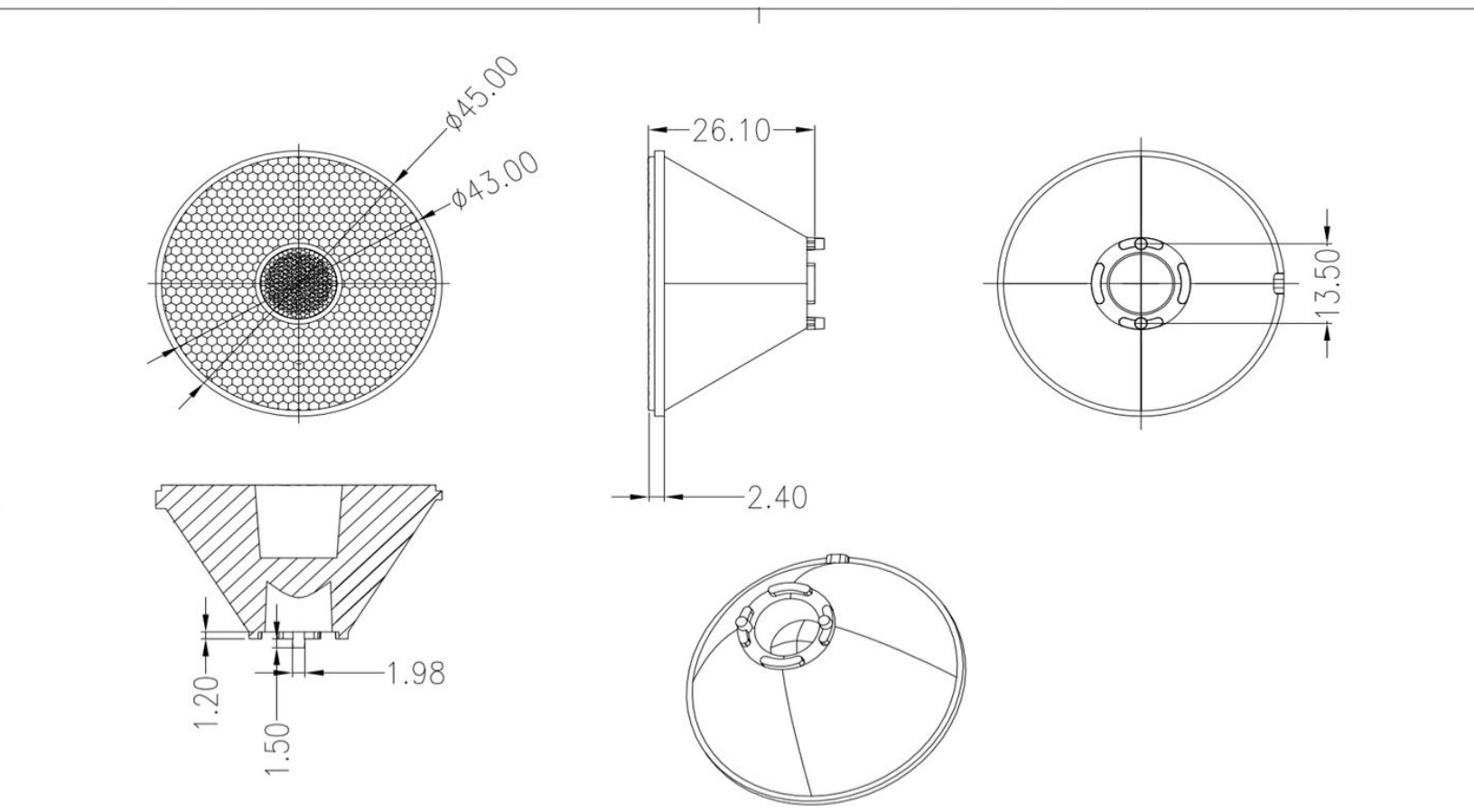 45mm rgbw led stage light lens 25° for colorful decorative lighting Drawing