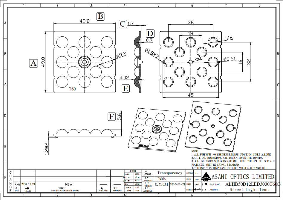12LEDs Lens 60° Wide Beam Flood Lighting Lens Drawing