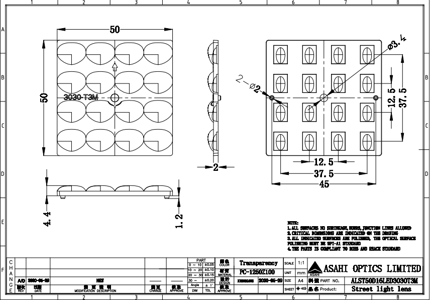 16LED Array Optical Lens Street Lighting 50mm TypeIII Drawing