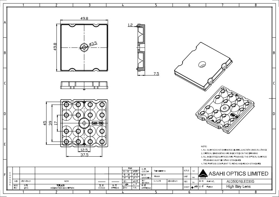 16x1 High Bay Light Lens Medium Beam 30° 3030LED Drawing