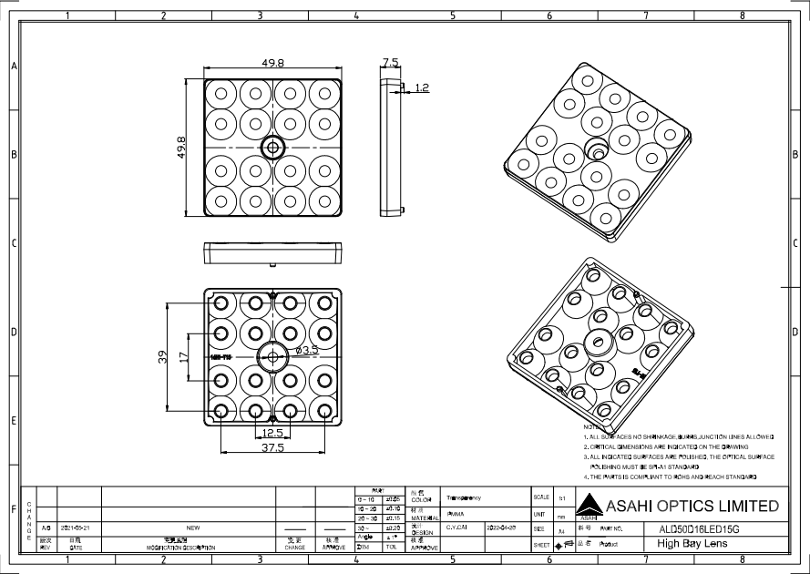 4x4 Arrays 3030LED Stadium Flood Lens Narrow Angle 15° Drawing