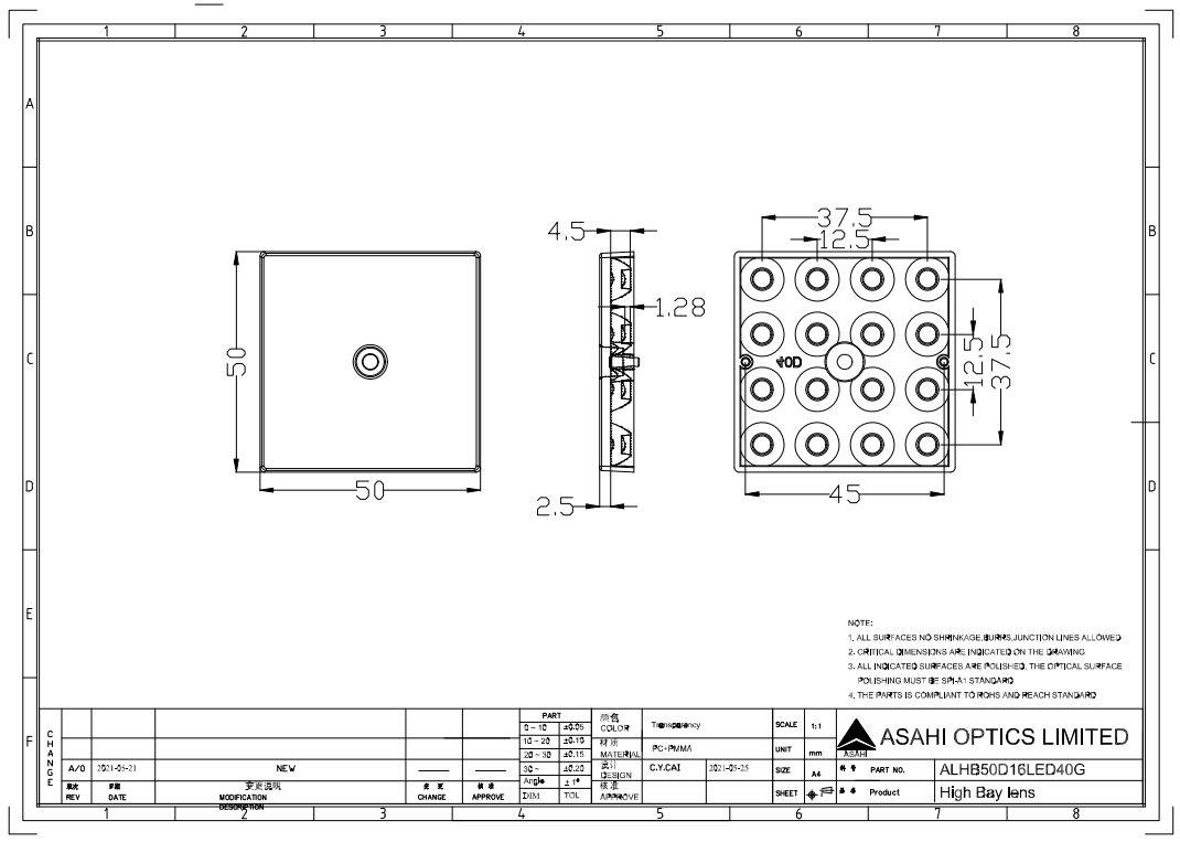 The 4x4 LEDs lens 40° is compatible with 3030LEDs Drawing