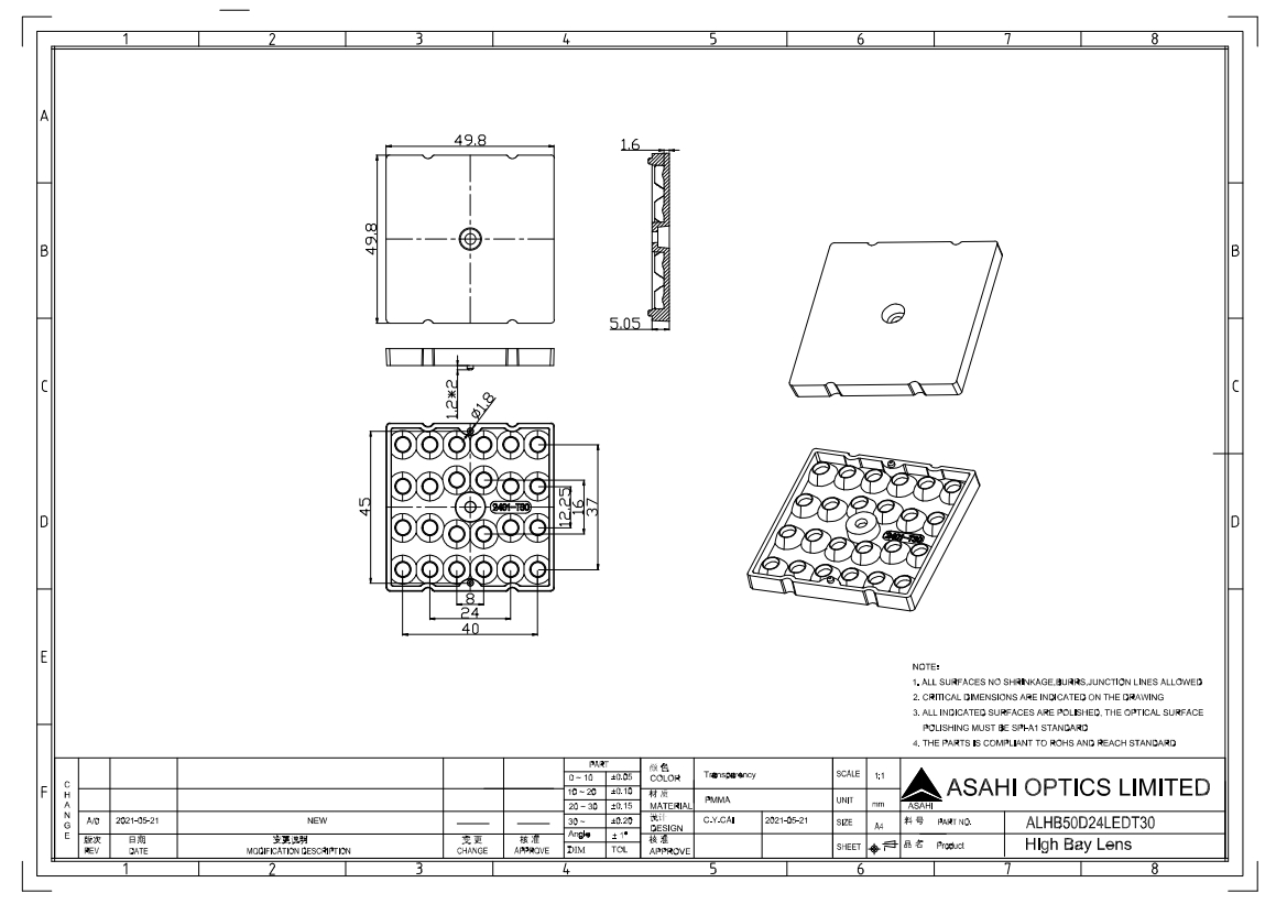 50mm 24in1 Array Lens 30degree 3030LED Flood Lighting Drawing