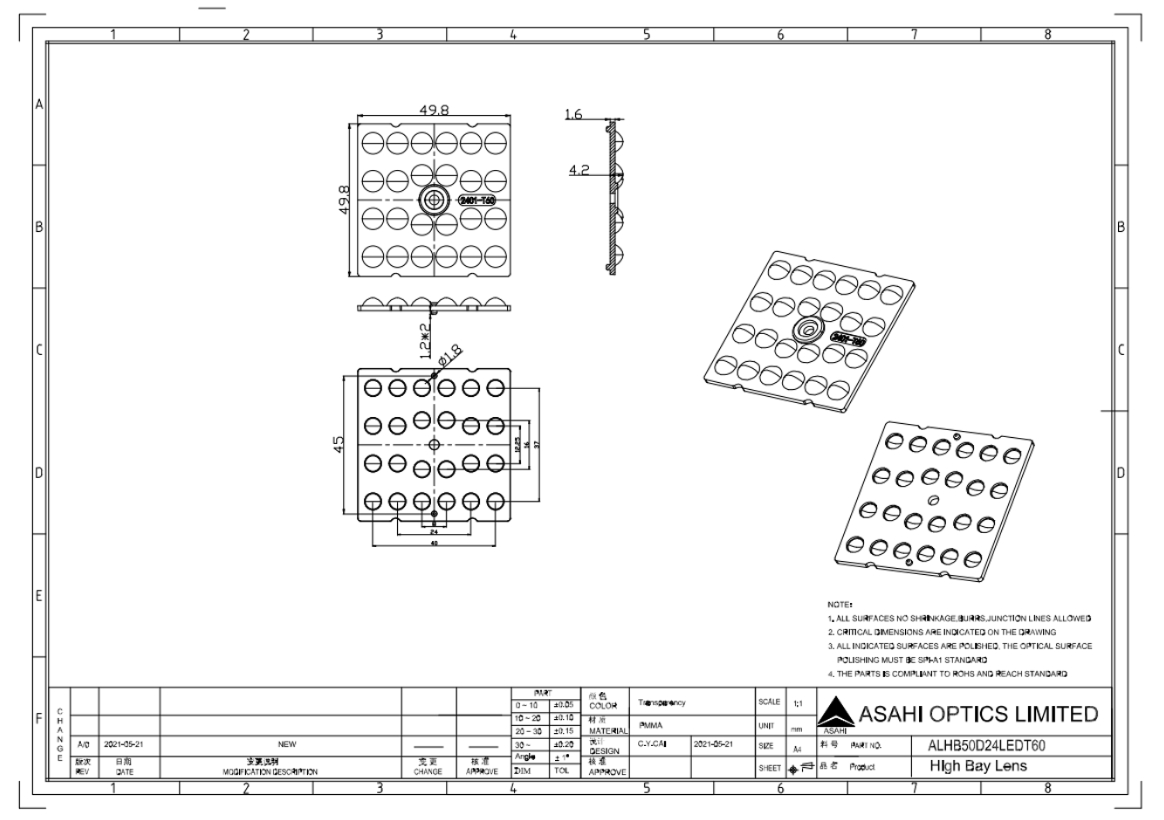 50mm 4x6 24in1 Array 60degree Flood Lighting Lens Drawing