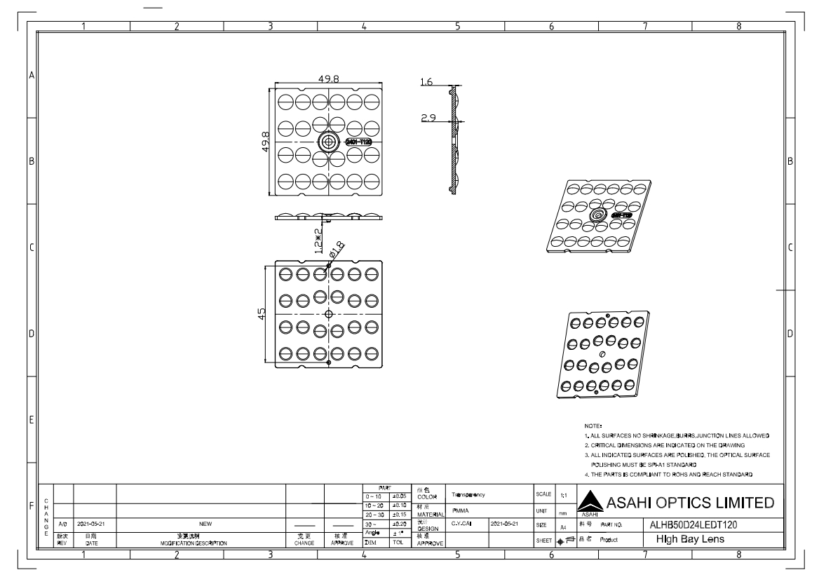 50mm 4x6 Array Lens 120degree Industrial Lighting Lens Drawing