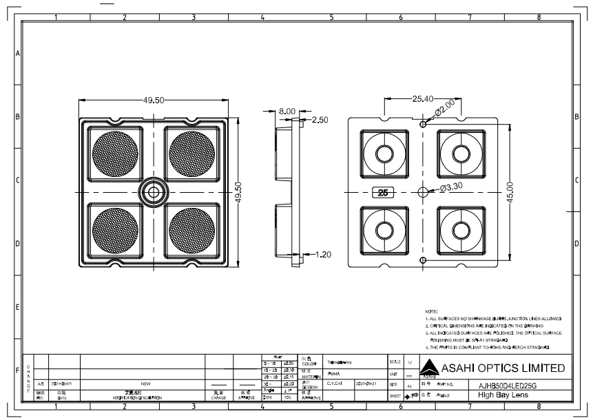2x2 25degree PC UV Resistance High Bay Light Lens Drawing