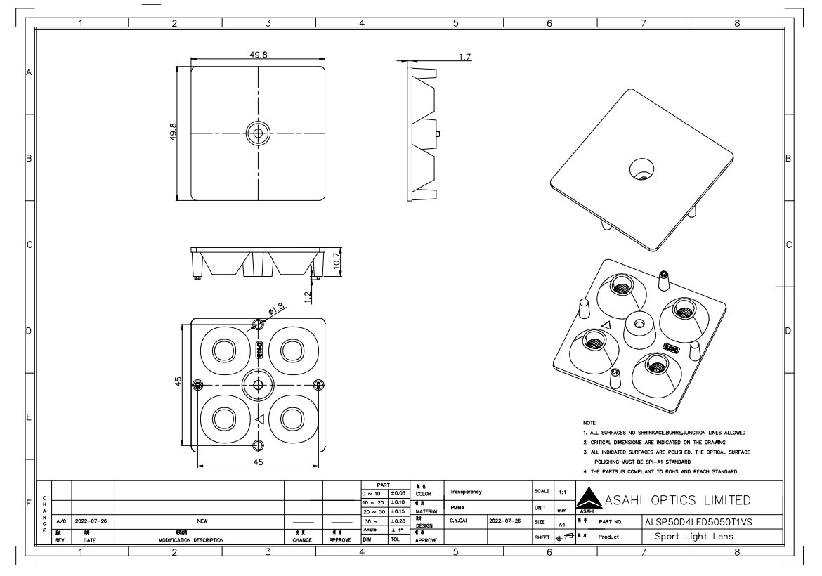 2x2 Arrays Focused Illumination Stadiium Lighting Lens Drawing