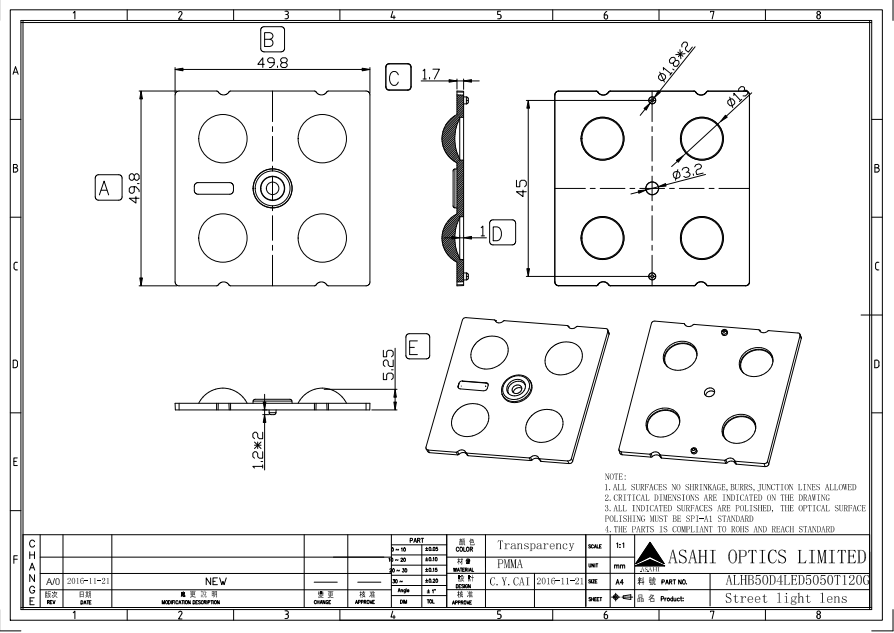 2x2 Arrays Optical Lens 120degree For Large Area Lighting Drawing