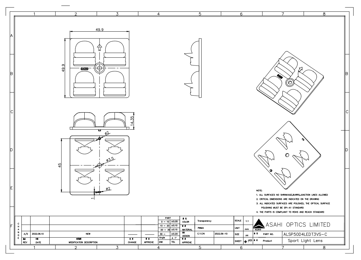 2x2 Arrays TypeIII Energy efficient Stadium Lighting Lens Drawing