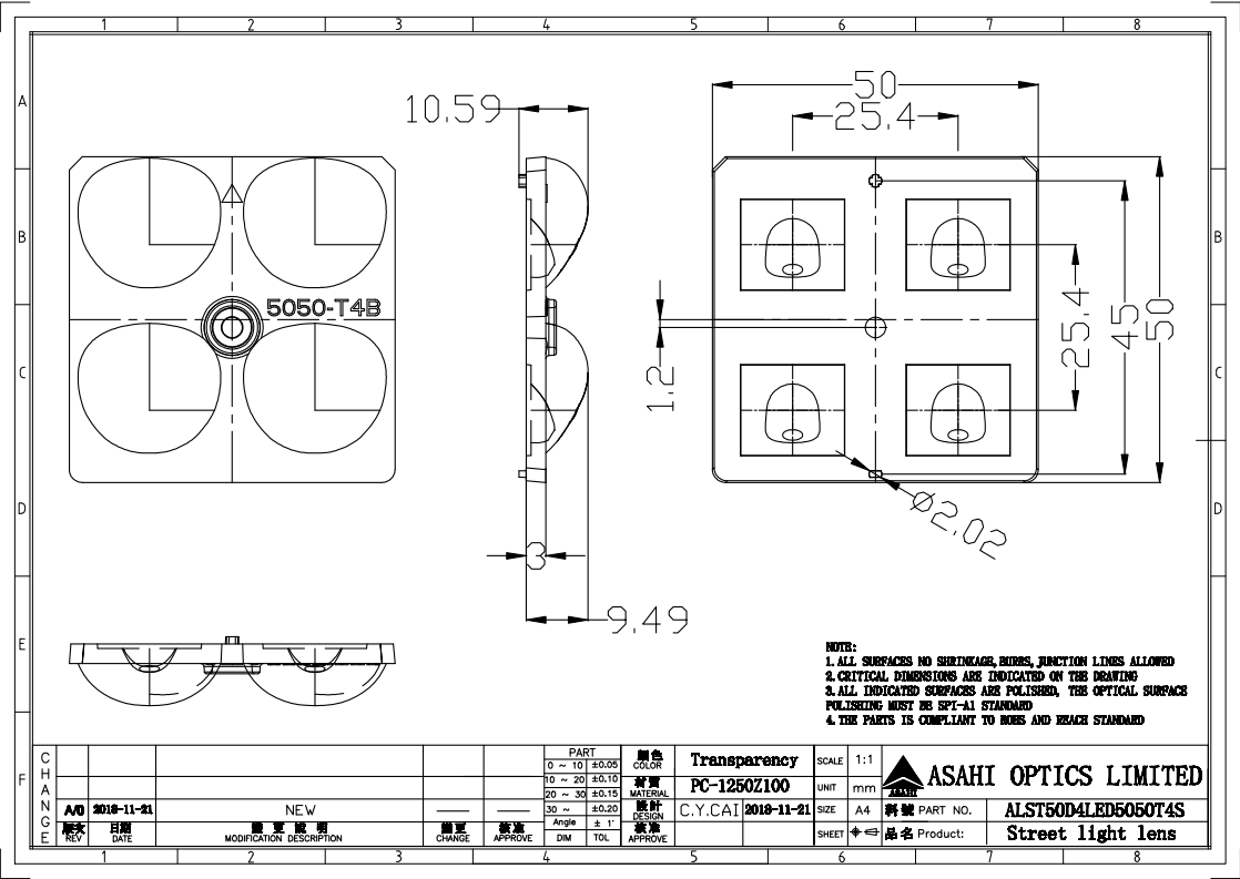 2x2 Lens TypeIV 5050LED High Power Parking Area Lens Drawing
