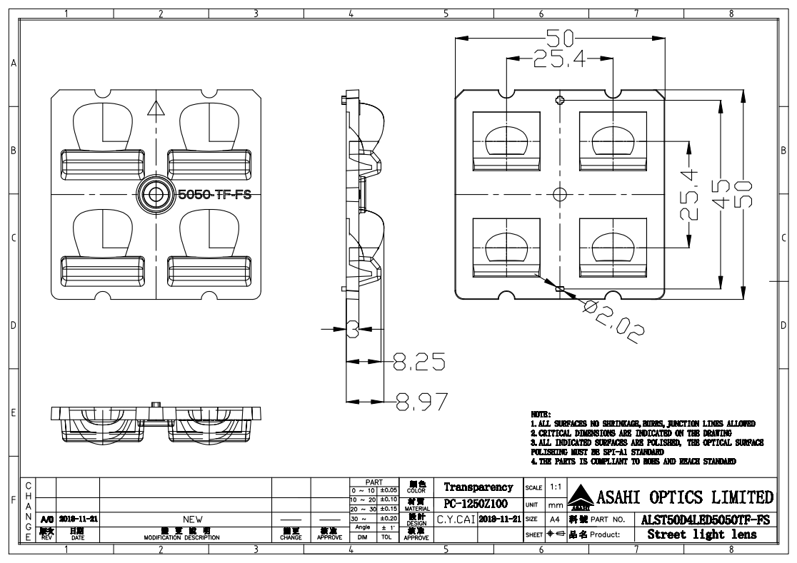 2x2 Narrown Forward Throw Beam Public Area Optics Lens Drawing