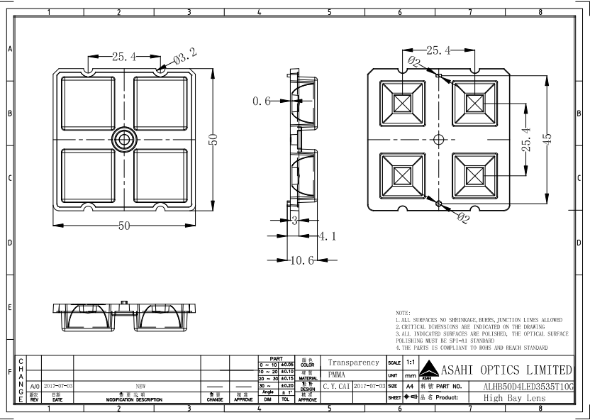 3535LED 10degree Narrow Beam Sport Stadium Lighting Lens Drawing