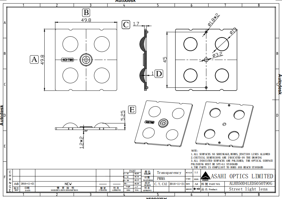 90degree 5050LED High Power Industrial Lighting Lens Drawing