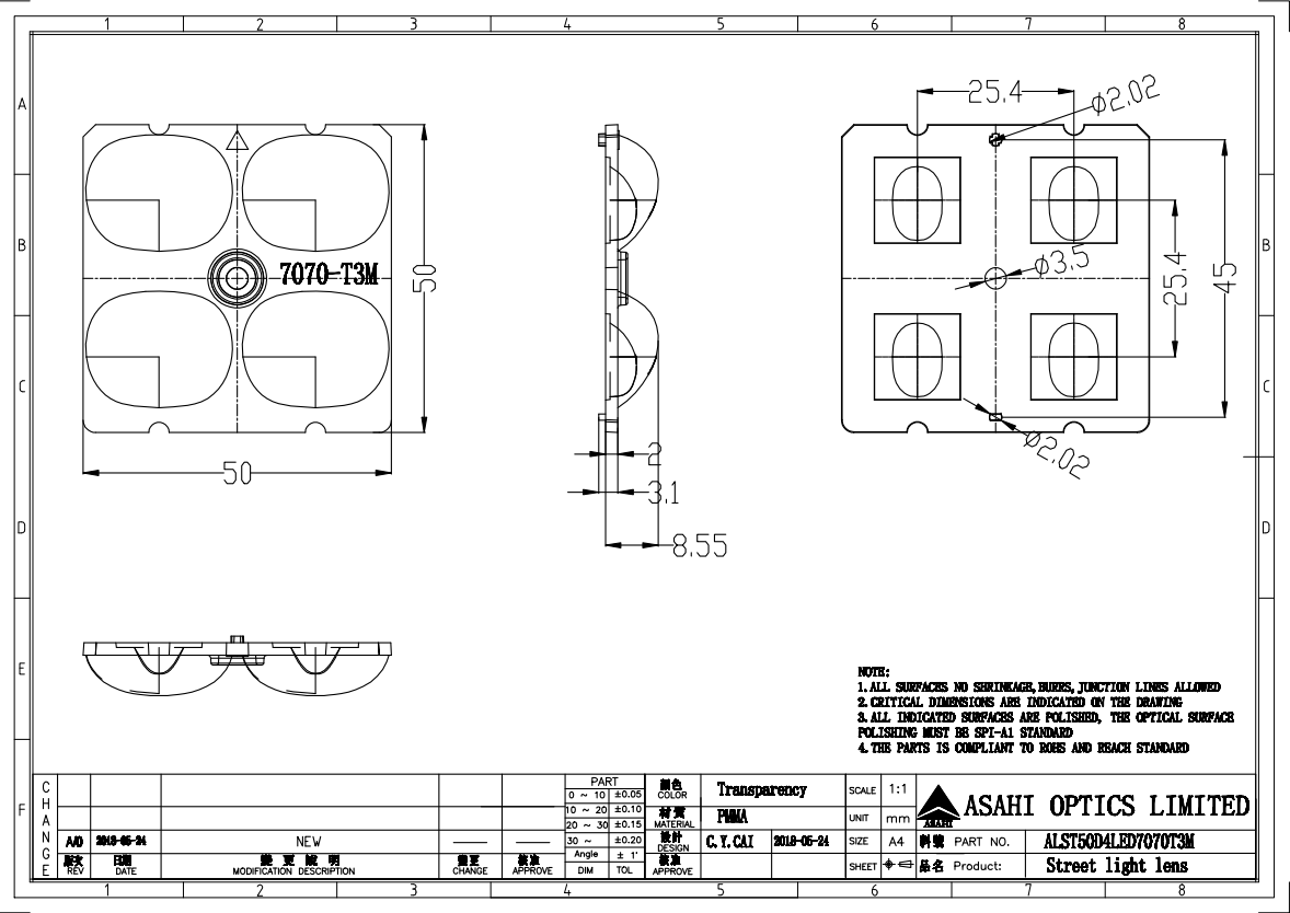TypeIII M 2X2 7070LED High Poles Road Lighting Lens  Drawing