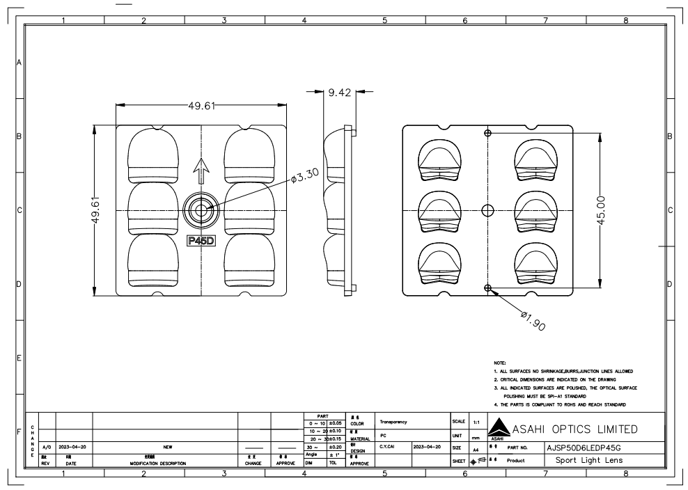 2x3 Lens 5050LED Asymmetric 45degree Sports Field Lens Drawing