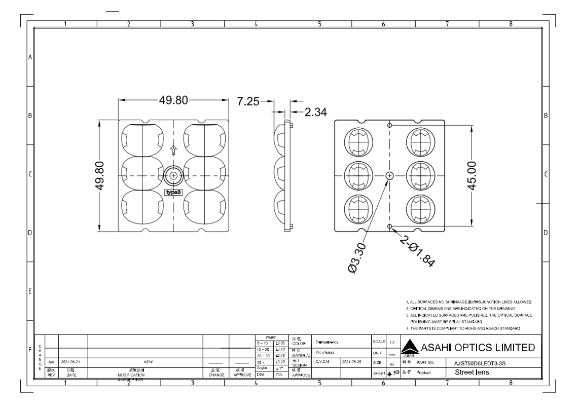 2x3 lens T3M designed by 5050 LED for strret lighting Drawing