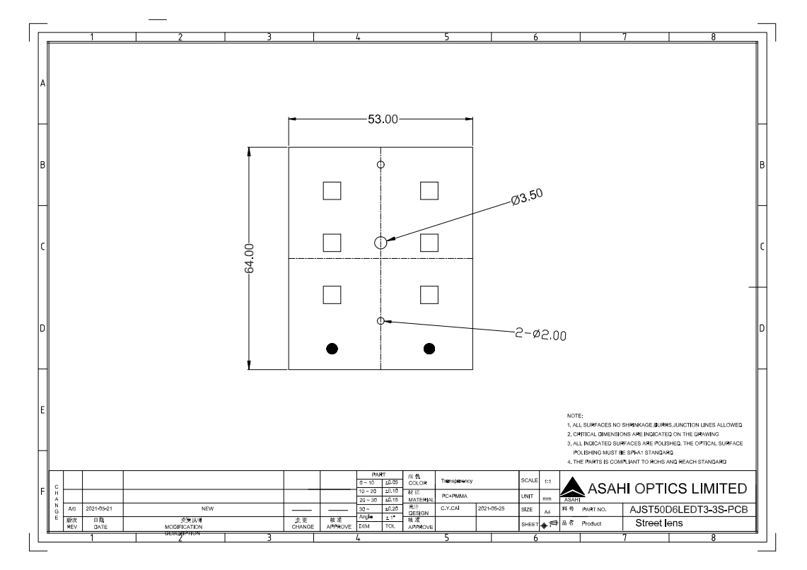 2x3 lens T3M designed by 5050 LED for strret lighting PCB drawing