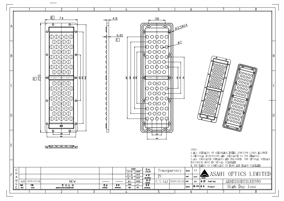 72LEDs Optical Module Lens 3030LED For Flood Lighting Drawing