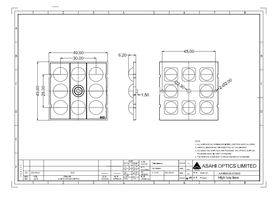 8LEDs Lens for High bay lighting 90° Drawing