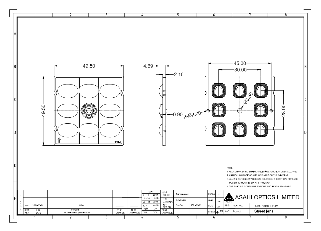 8LEDs T2M lens designed  by 5050LED  for street lighting Drawing