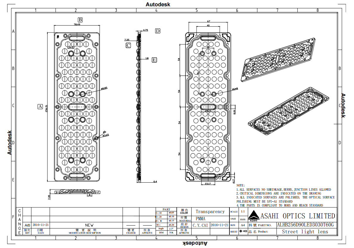 Rectangular 90LED High Bay Light Lens 3030LED 60 Degree Drawing