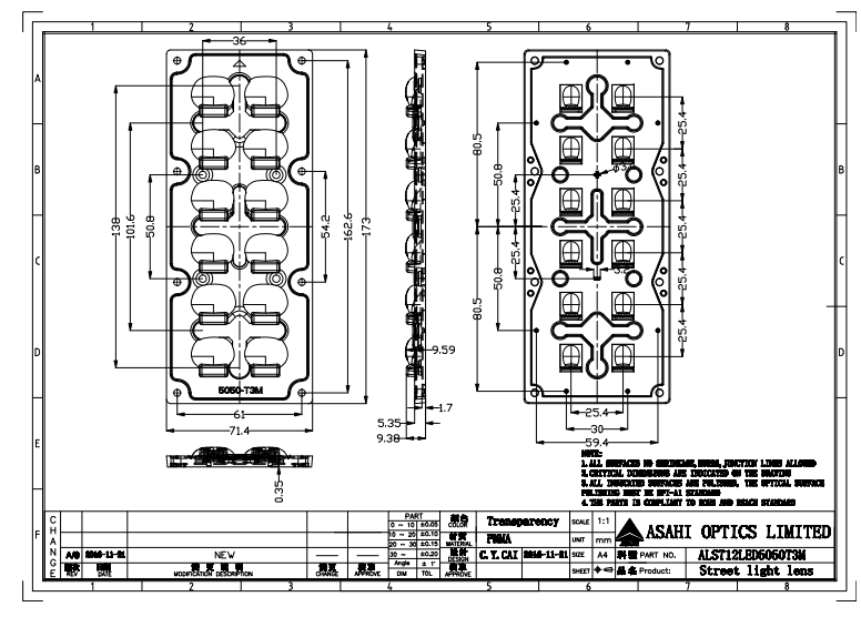 2x6 Lens T3M 5050LED Horizontal Direction PC Material Drawing