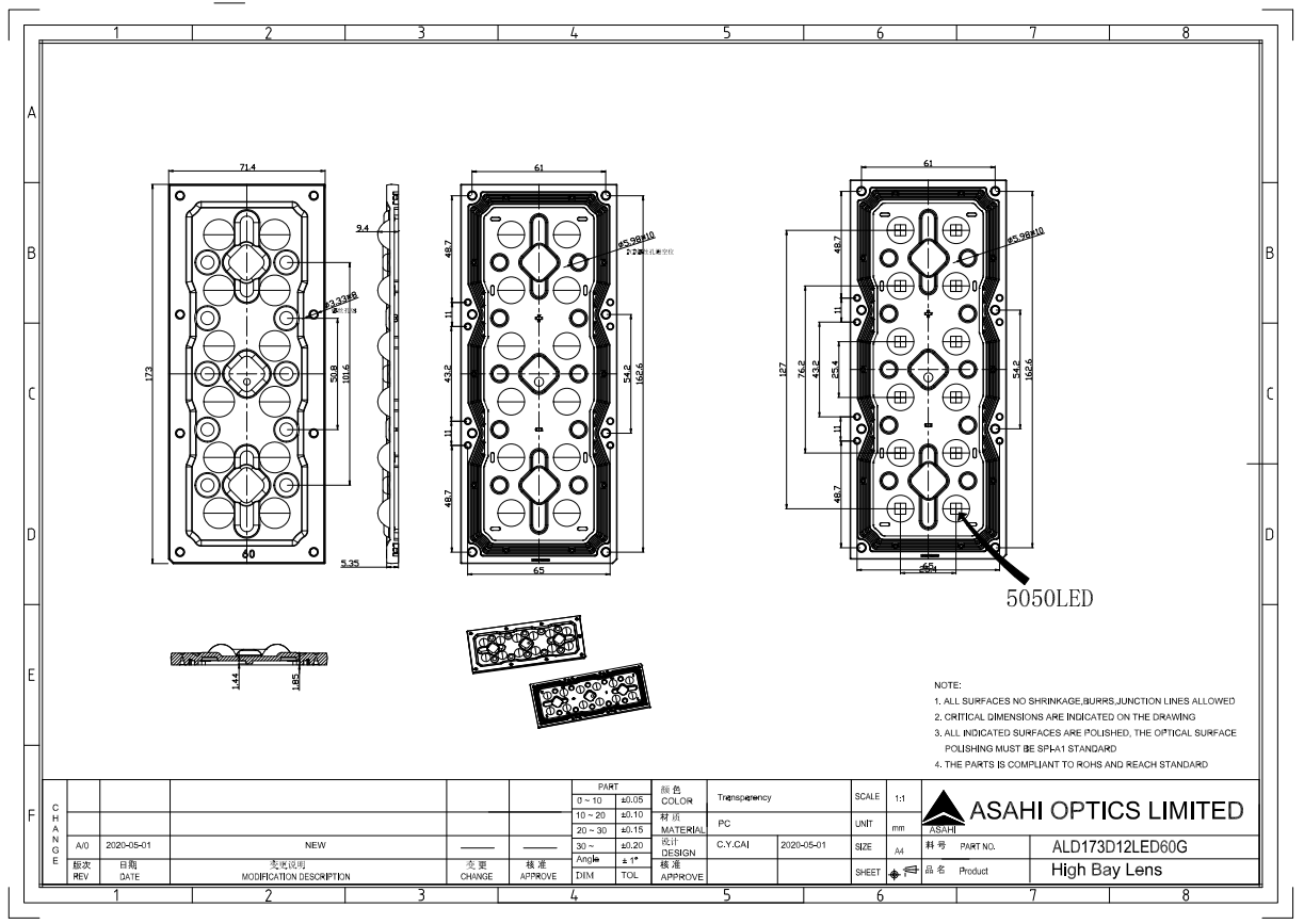 2x6 lens 60° 5050 LED for High Bay lighting Drawing