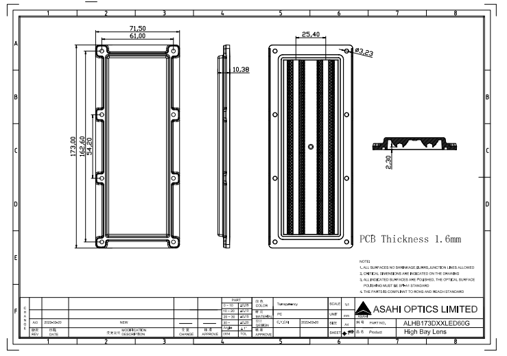 IP66 173mm 5050LED 60 Degree PMMA Area Lighting Lens Drawing