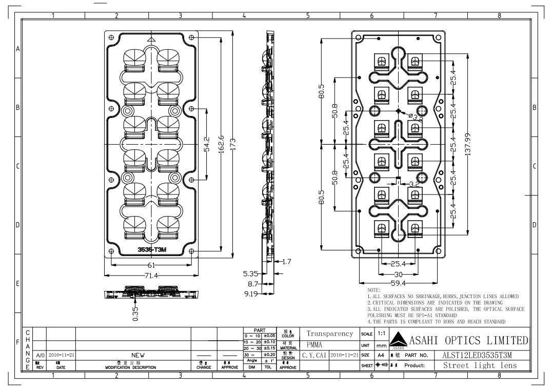 Street Lighting 2x6 Lens T3M 3535LED IP66 PC Material Drawing