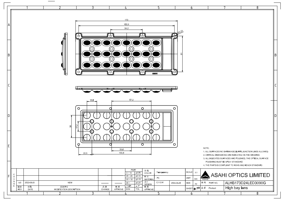173mm 3x8 LED LENS 30x90° with high power 100W for High Bay lighting Drawing