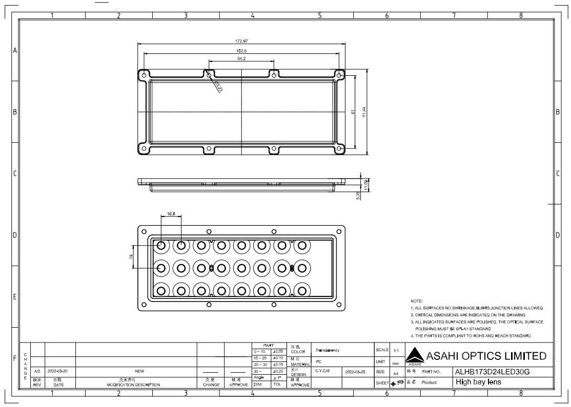 173mm 3x8 LED LENS 30° with high power 100W for High Bay lighting Drawing