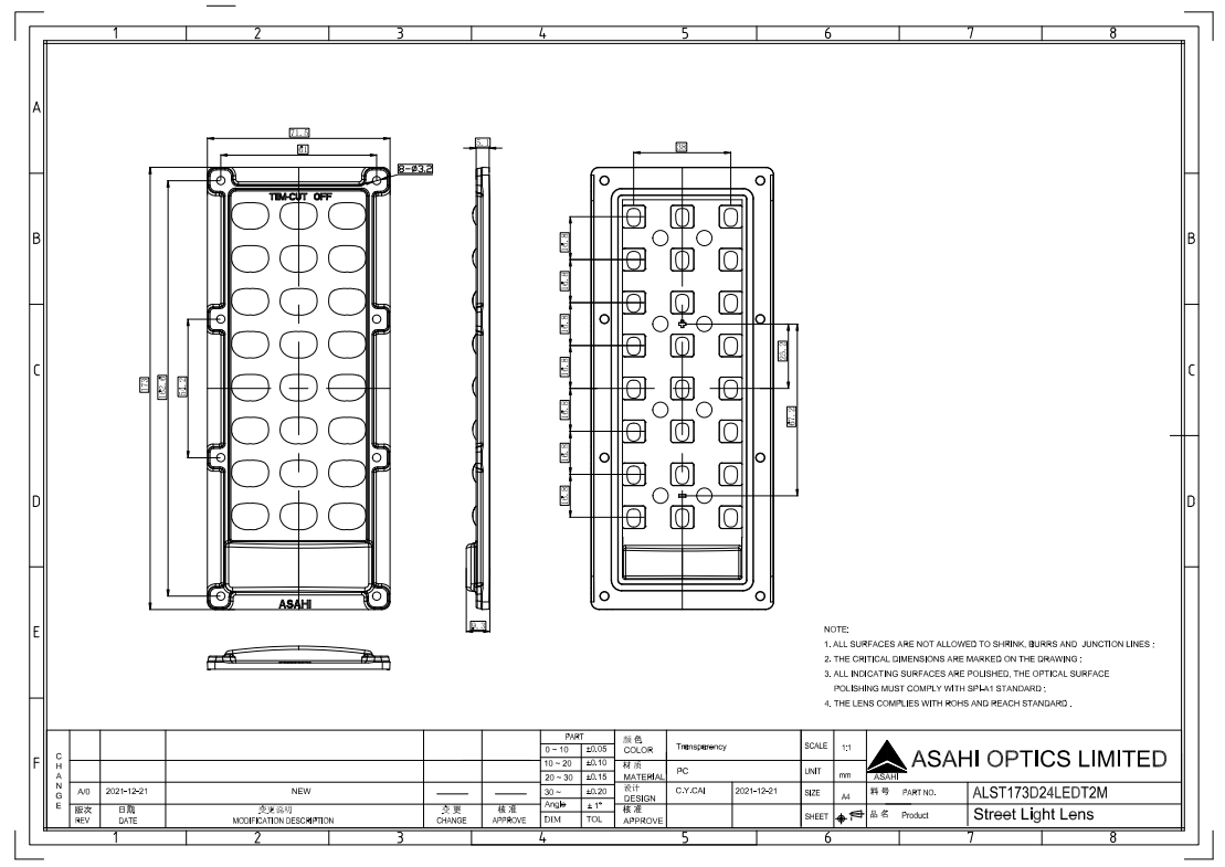 3x8 Arrays T5 IP66 5050LED Large Area Lighting Lens Drawing