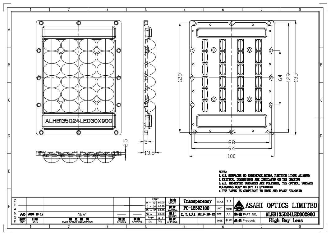 135mm 24LEDs Lens 30x90° Beam For Linear Lighting Drawing
