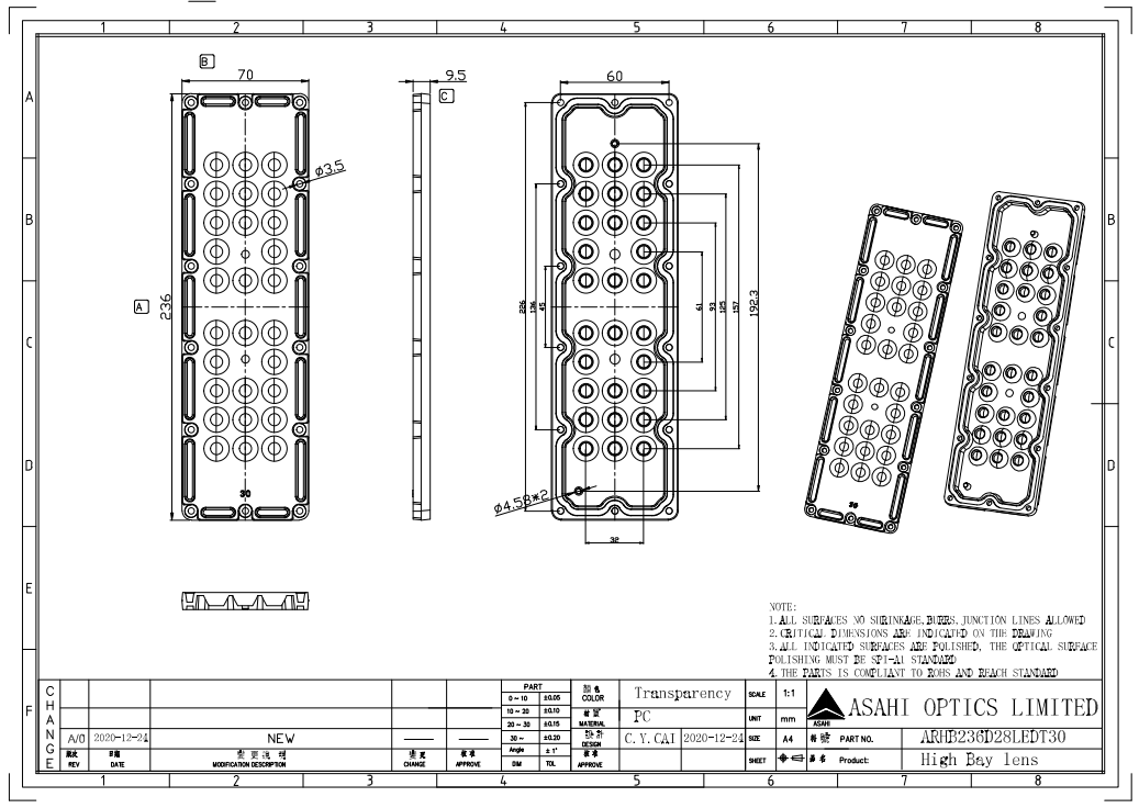 236 Mm 28 LED Flat Flood Light Lens 30 Degree Drawing