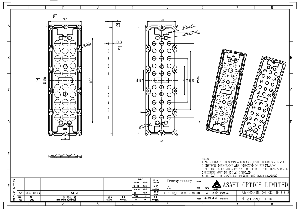 IP66 28LEDs Flat High Bay Light Lens 60° For Warehouse Drawing