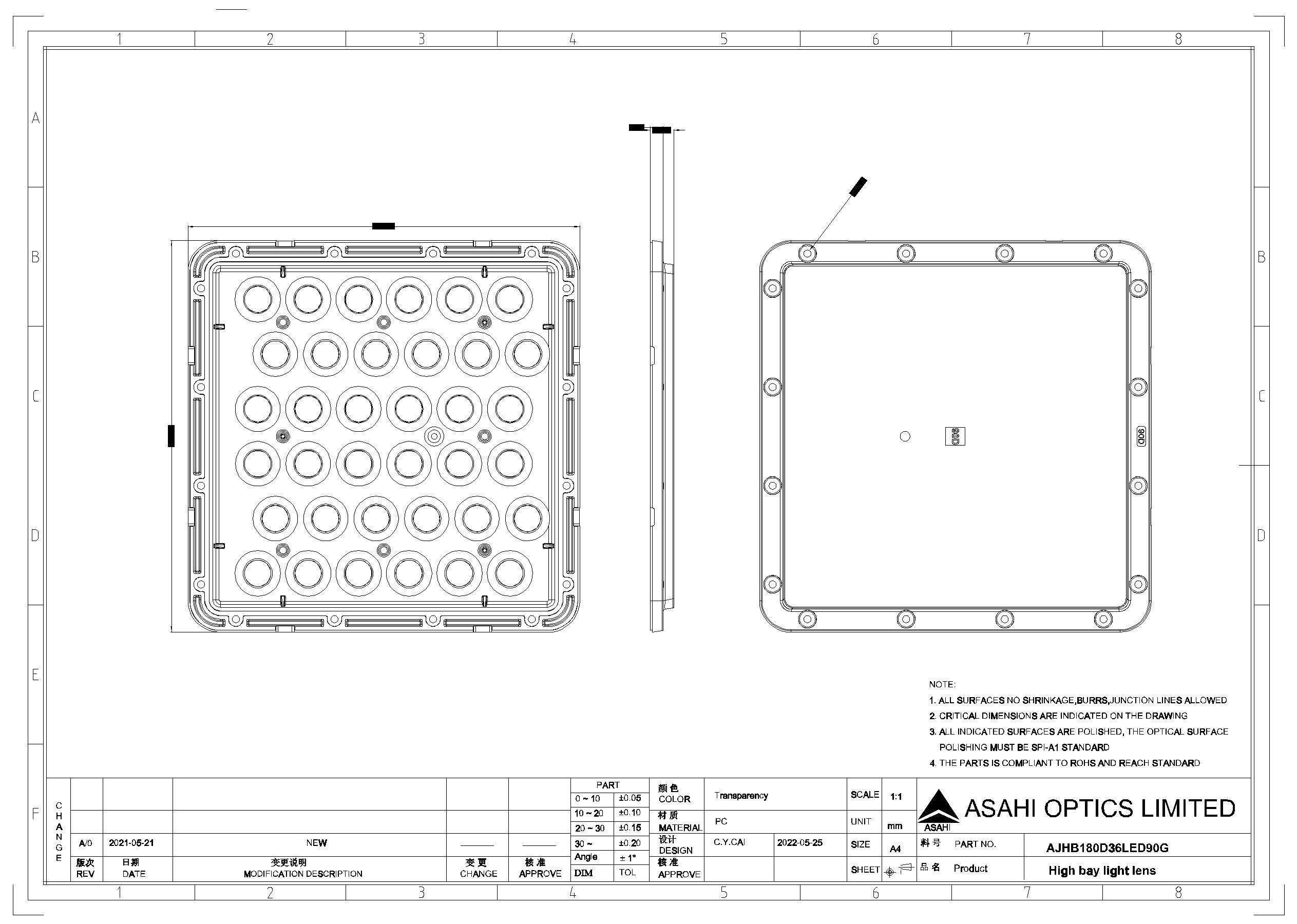 36LEDs high power lens for high bay lighting - Asahi Optics
