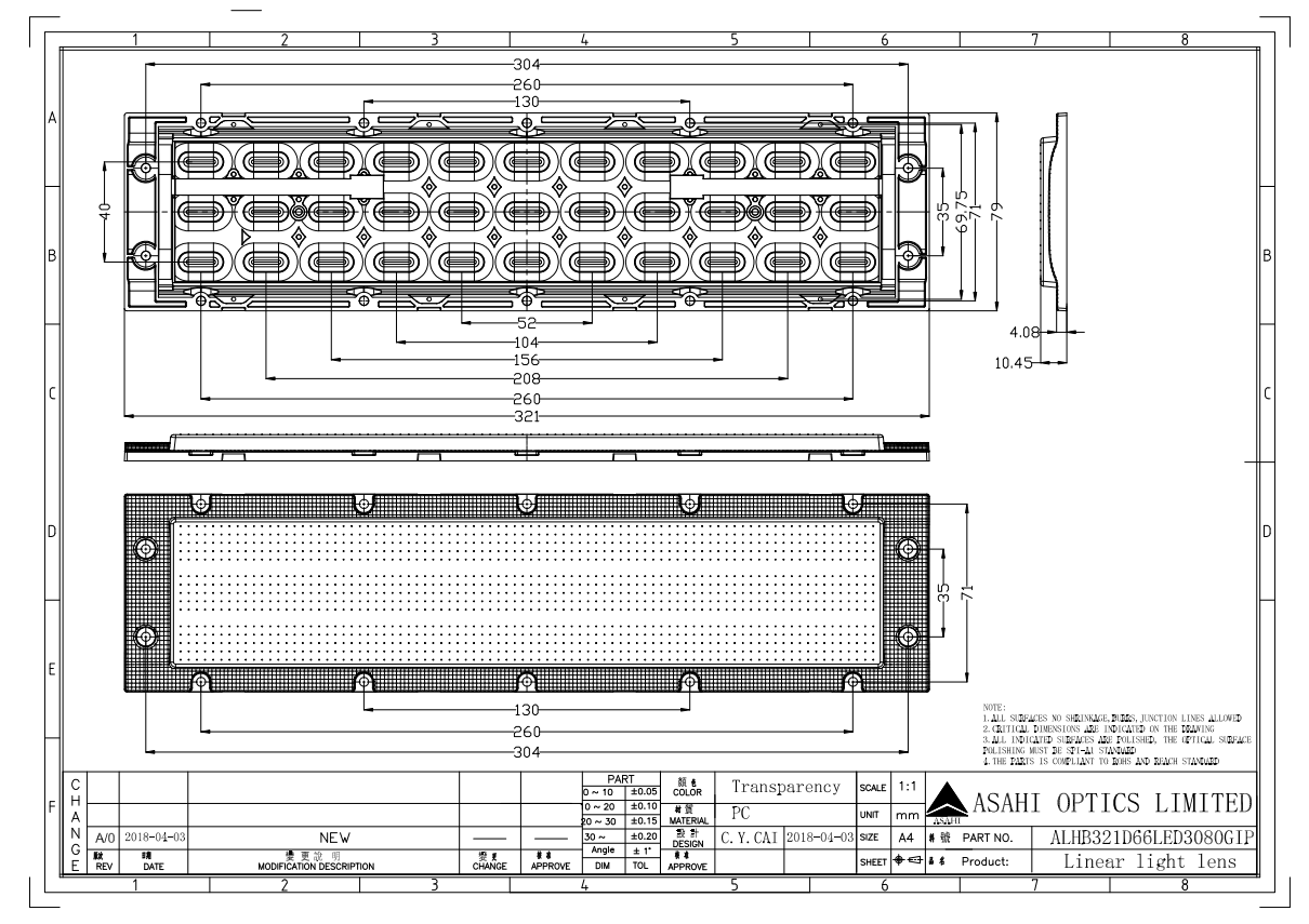 11x3 lens array oval beam 30°x80° with IP66 protection and for IK08 test Drawing