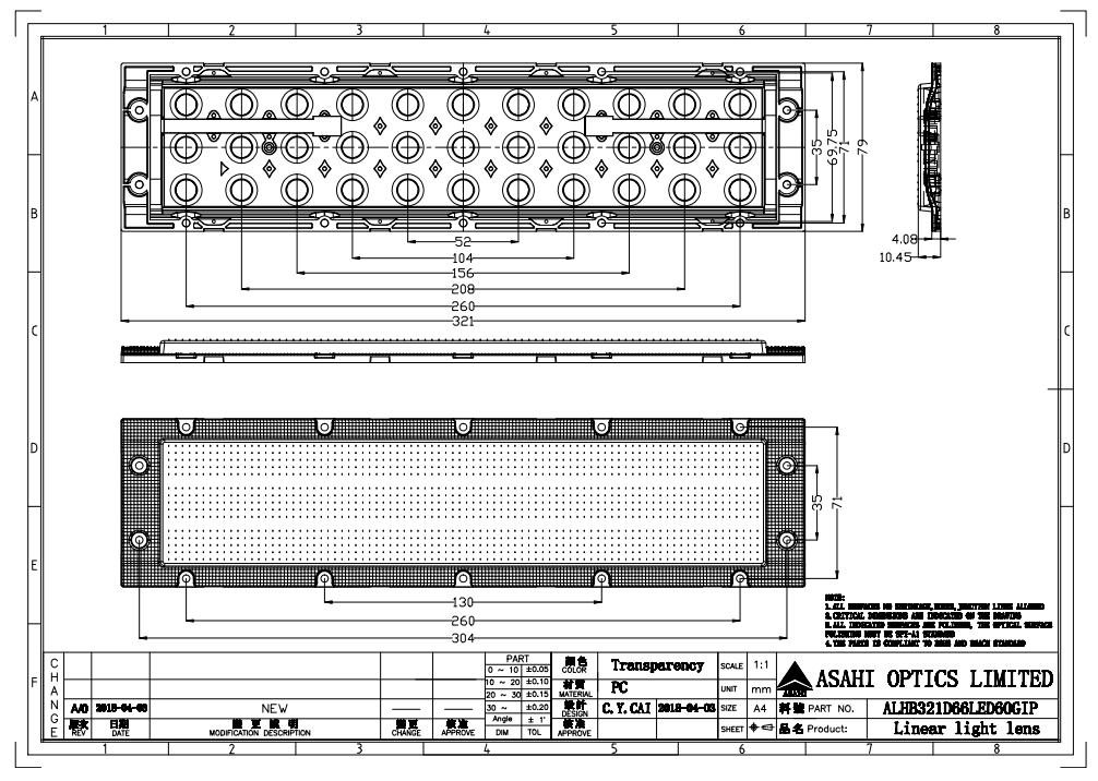 3x11 lens array 60° with IP66 protection and for IK08 test Drawing
