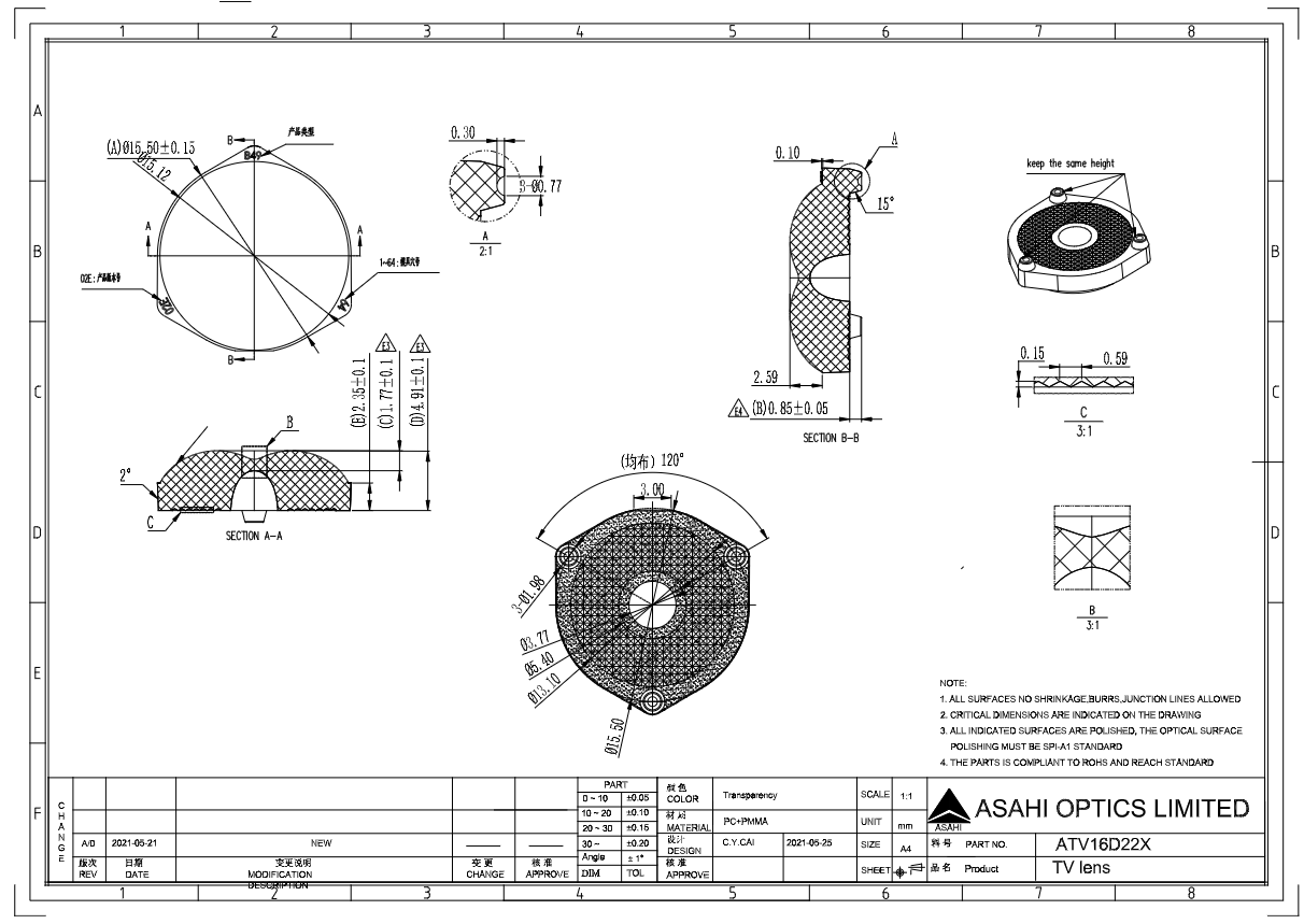 ATV16D22X TV back light lens for light bar Drawing