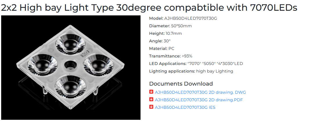 2x2 High bay Light Type 30degree compabtible with 7070LEDs