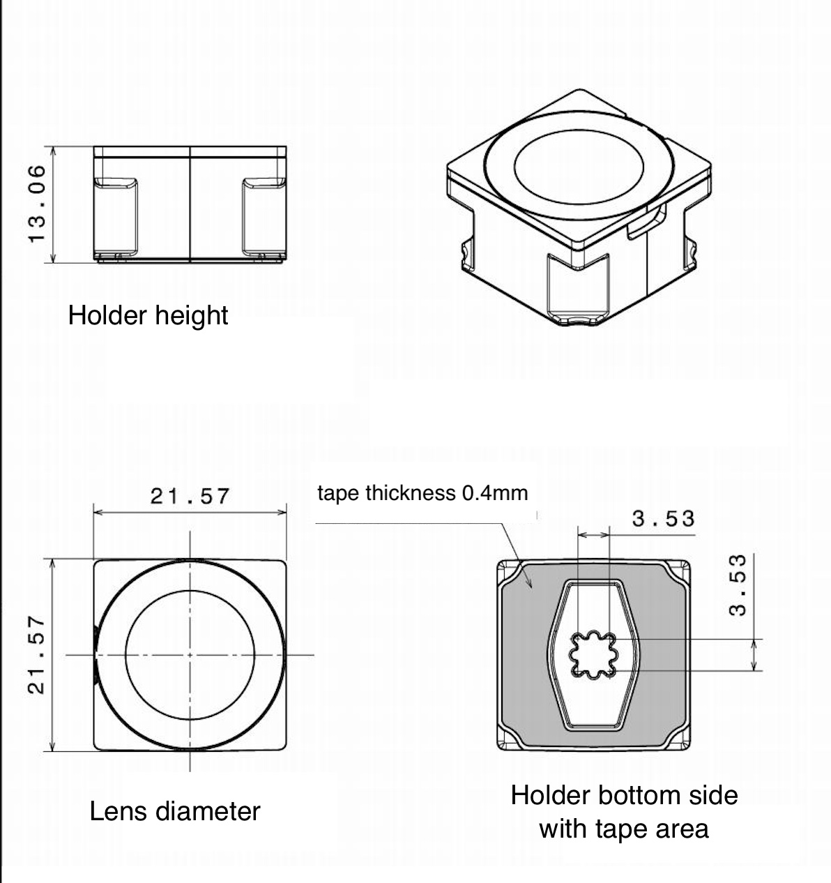 LED lens single lens 22mm with square holder drawing